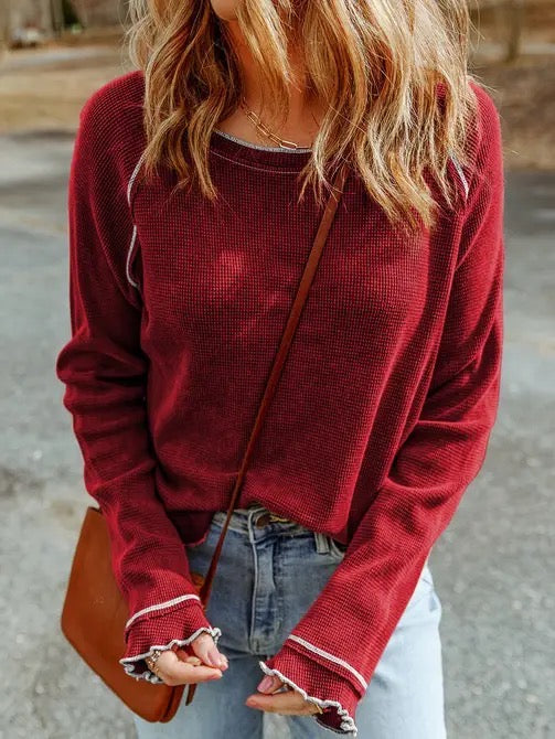 Carol Textured Round Neck Long Sleeve Top Fiery Red