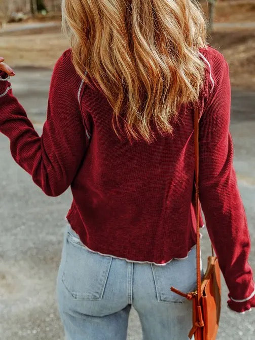 Carol Textured Round Neck Long Sleeve Top Fiery Red