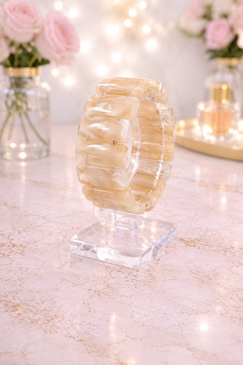 Champagne Marbled Gold-Bead Stretch Bracelet
