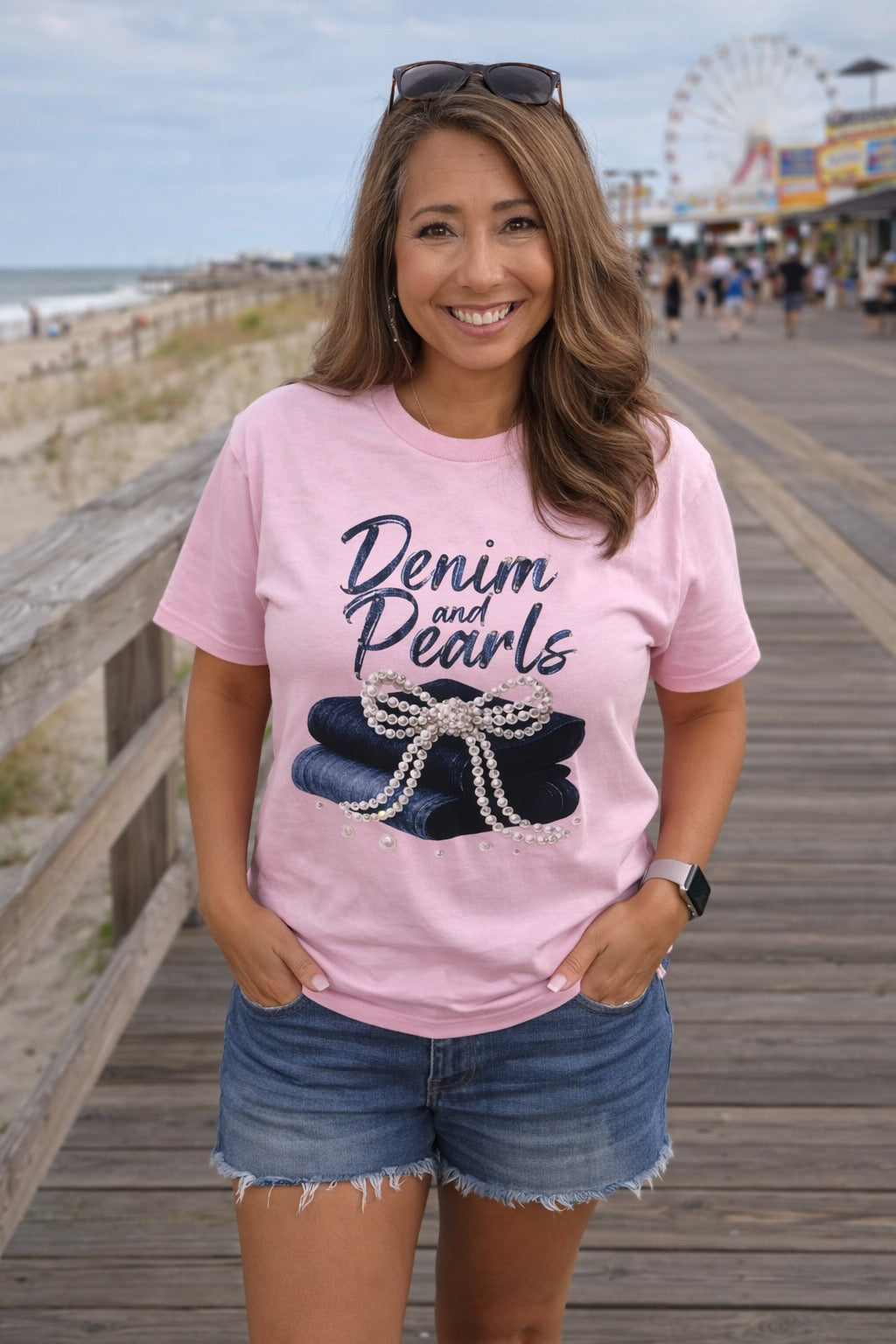 Denim & Pearls Tshirt Pink with Rhinestones