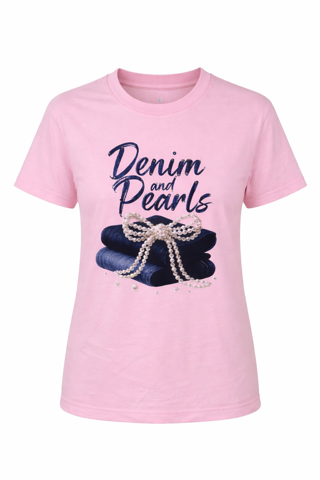 Denim & Pearls Tshirt Pink with Rhinestones