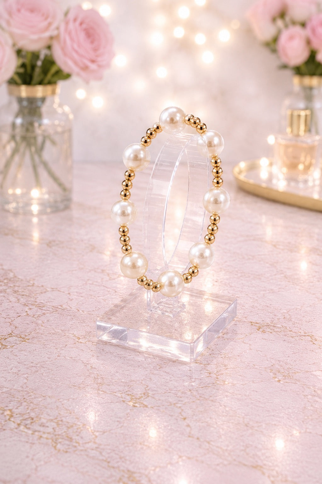 Pearl & Gold Bead Stretch Bracelet