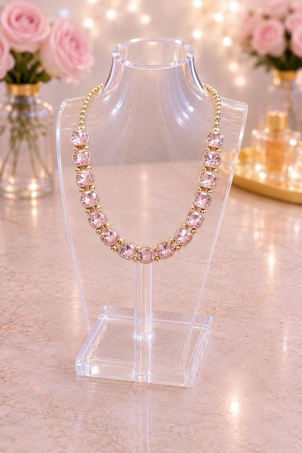 Square Faceted Stone Bezel Necklace Lt Rose, Gold