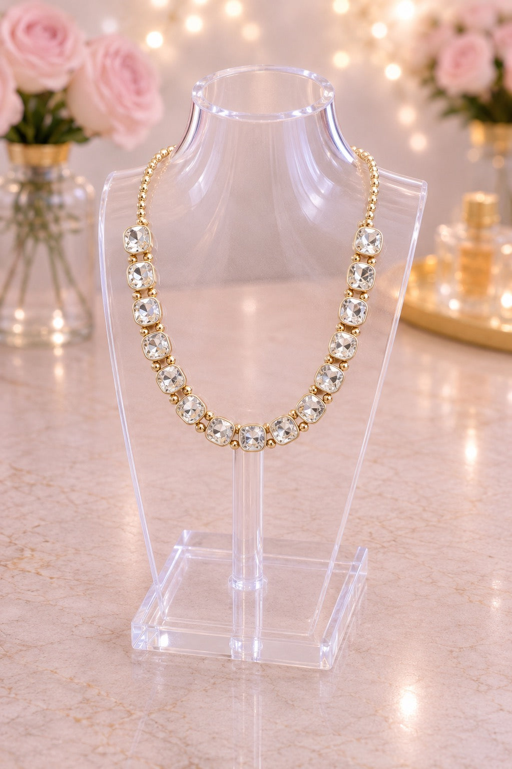 Square Faceted Stone Bezel Necklace Clear, Gold