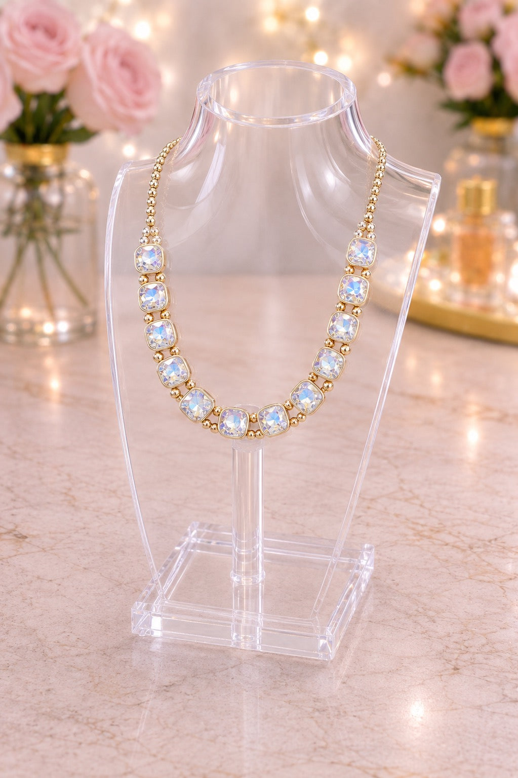 Square Faceted Stone Bezel Necklace AB, Gold