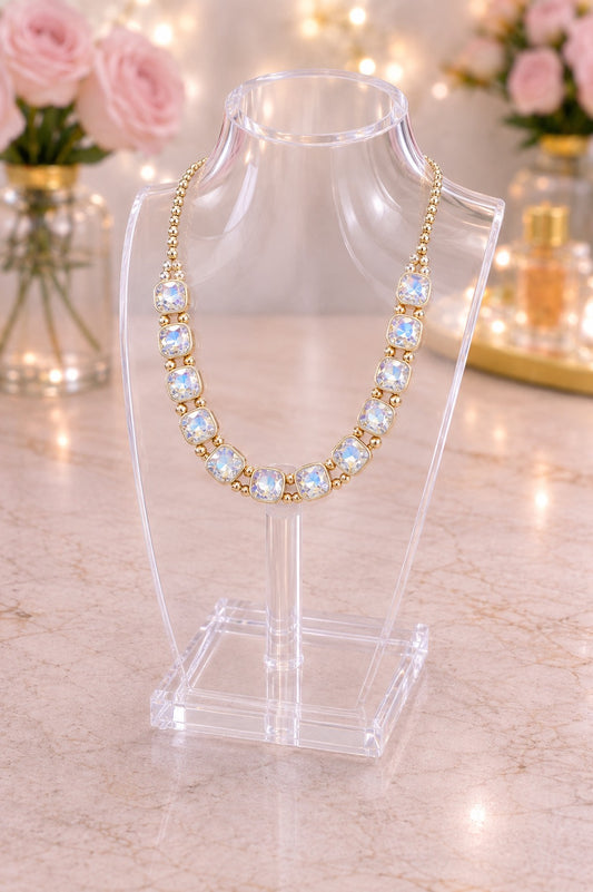 Square Faceted Stone Bezel Necklace AB, Gold
