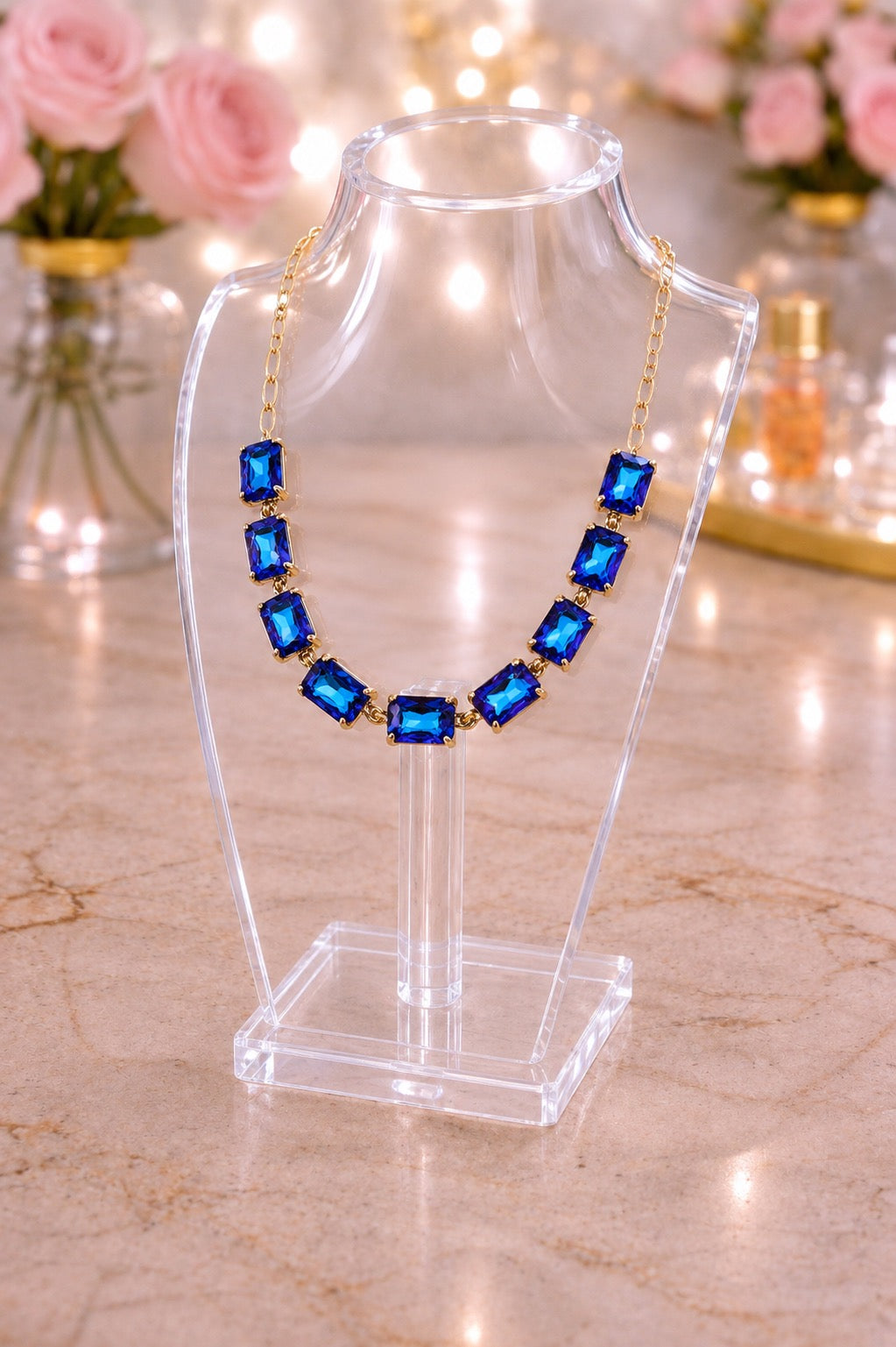 Cushion Rectangle Stone Necklace, Blue