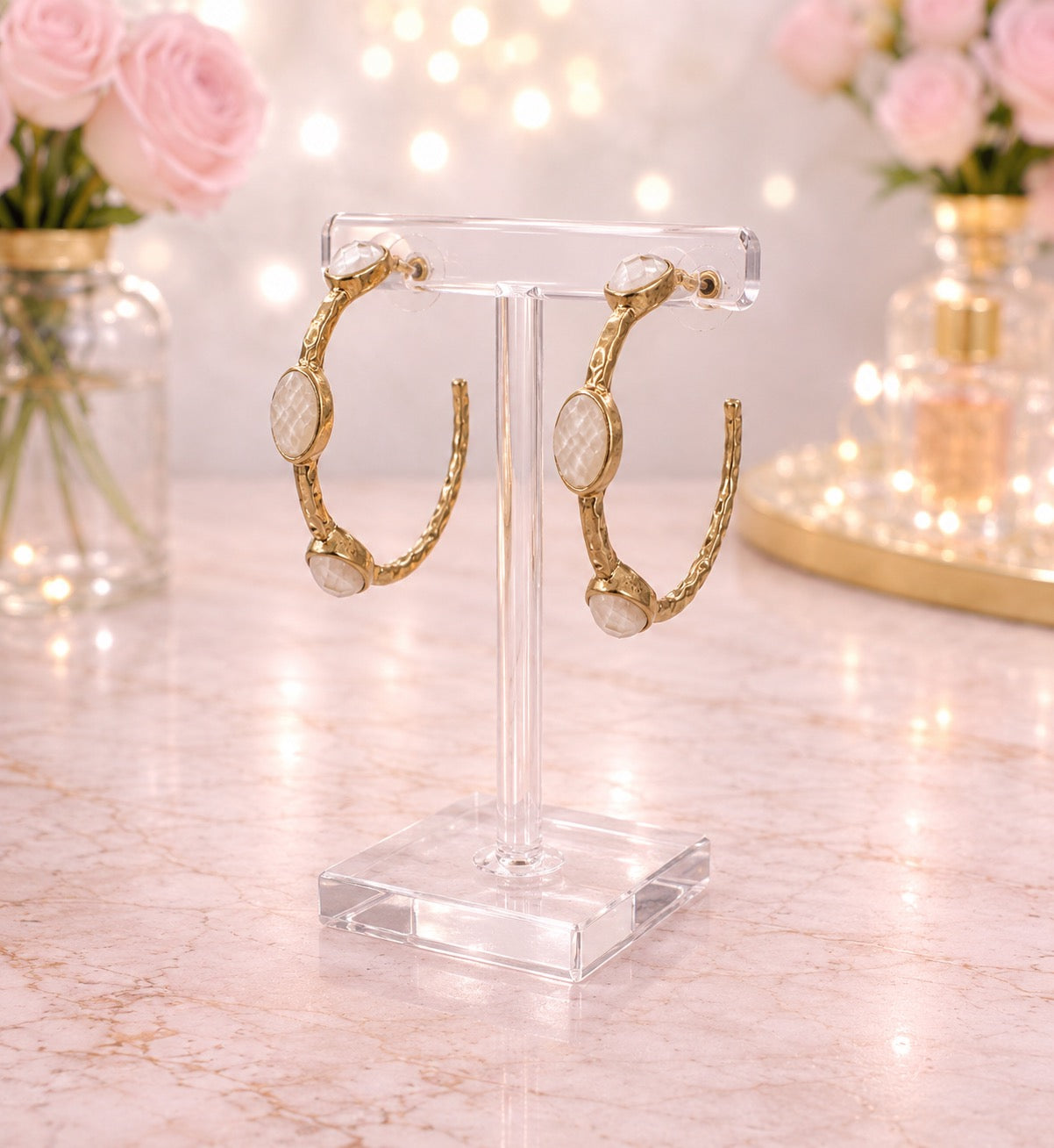 Hammered Gold &amp; Stone Hoop Earrings