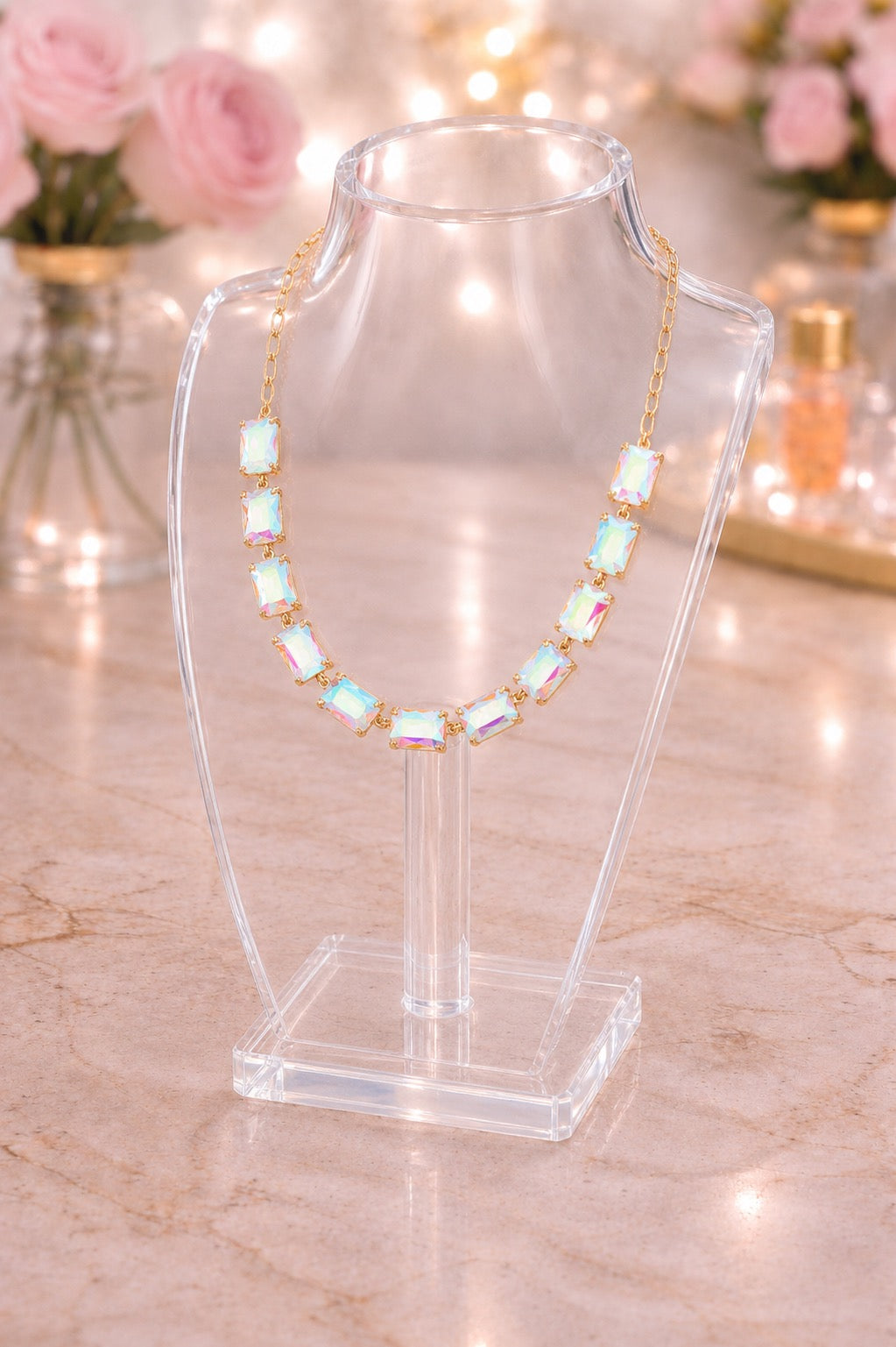 Cushion Rectangle Stone Necklace, AB
