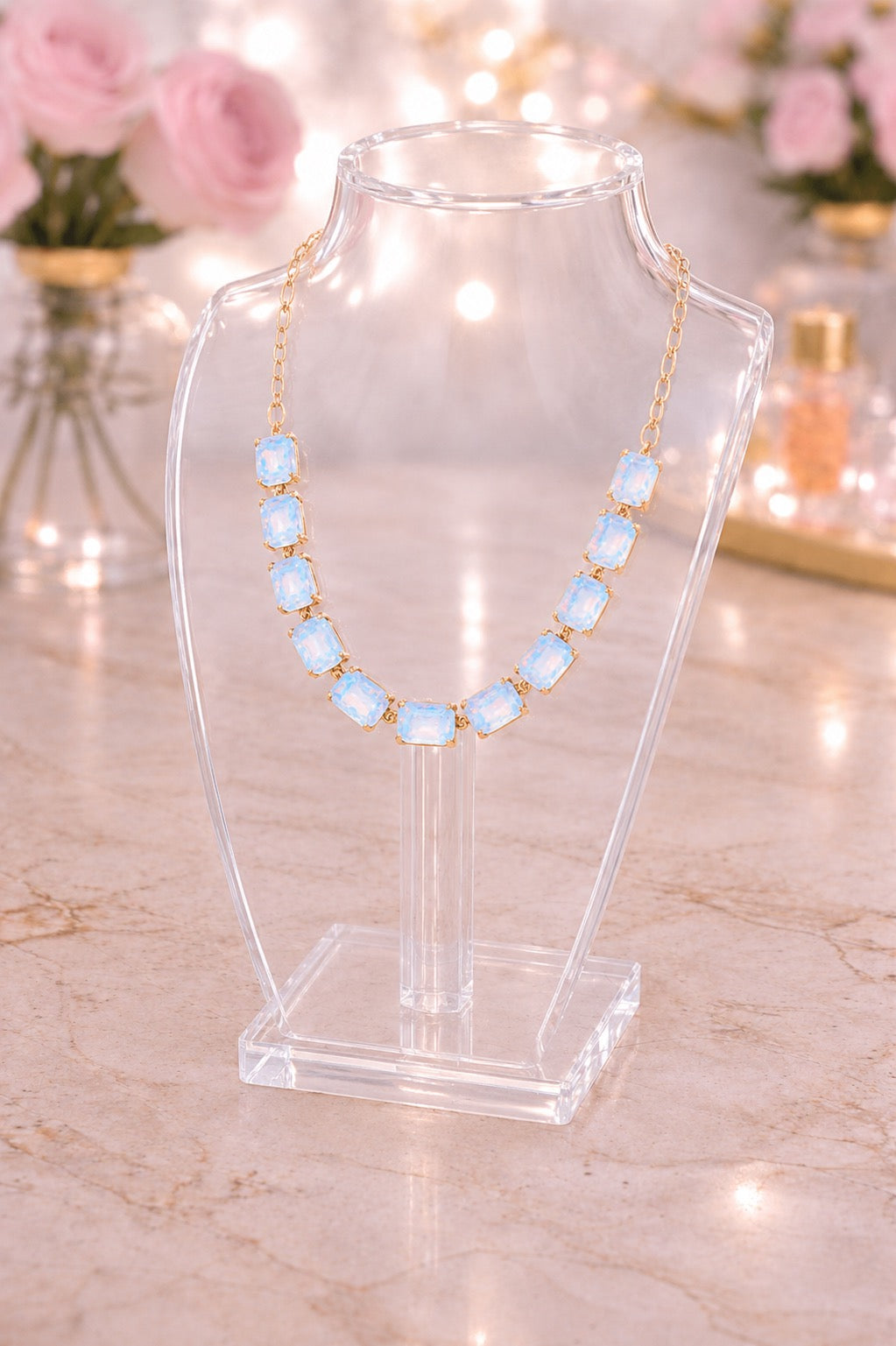 Cushion Rectangle Stone Necklace,  Blue Opal