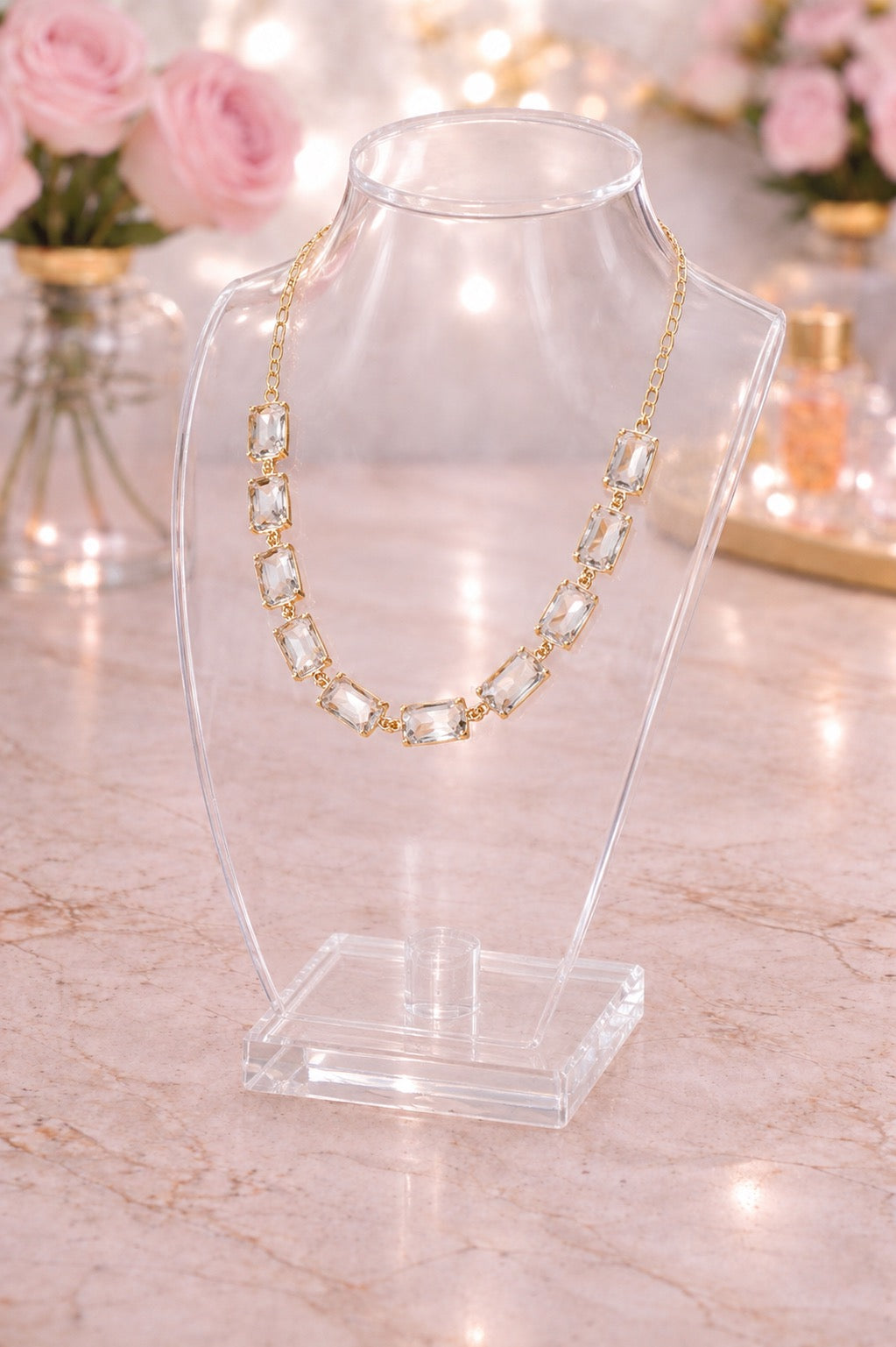 Cushion Rectangle Stone Necklace, Clear