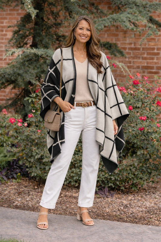 A65 Black Grey Dual-Tone Check Printed Cozy Reversible Ruana