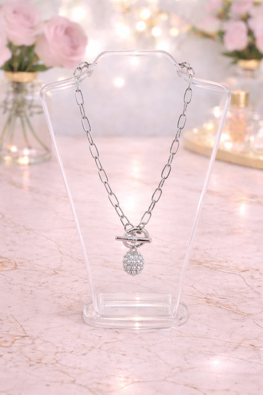 Silver Chain Link Crystal Pendant Necklace