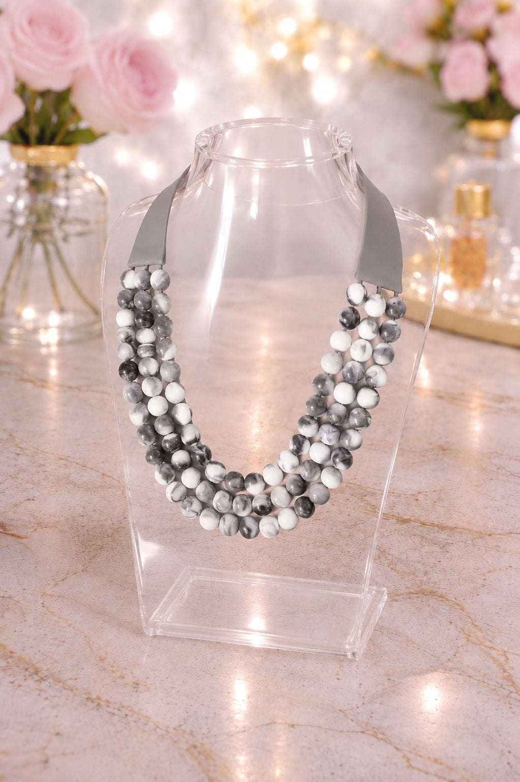 Chunky Bead Triple Layered - Grey White Mix