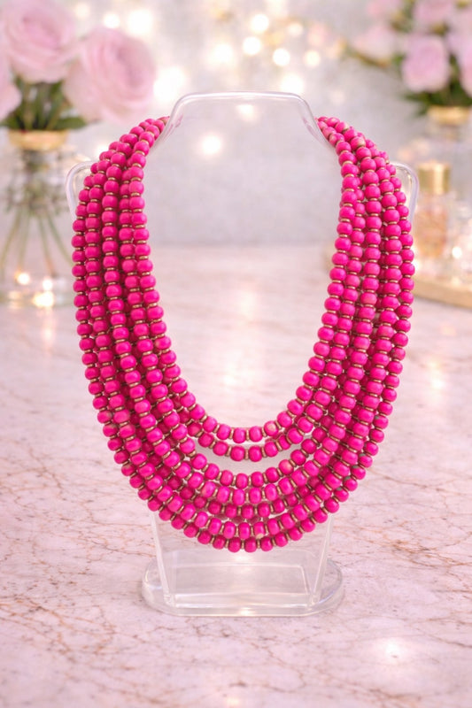Pink Multi Strand Wood Bead Necklace