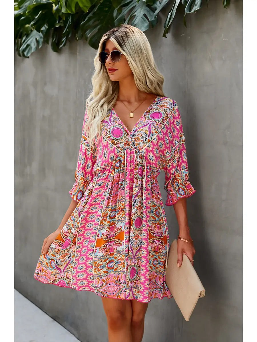 Boho Print Wrap Neck Tie Back Pleated Hem Dress