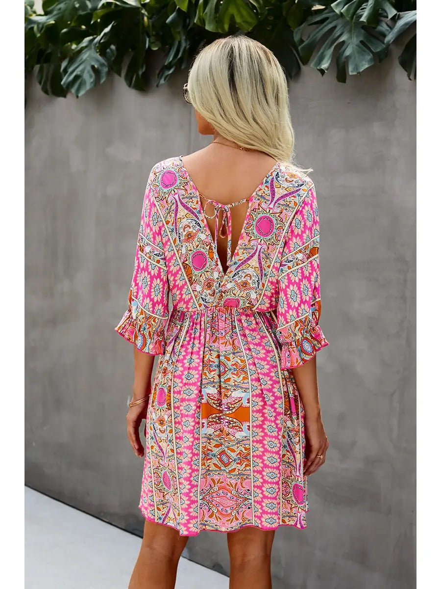 Boho Print Wrap Neck Tie Back Pleated Hem Dress