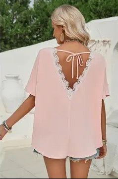 Lace Hot Mesh Back Solid Loose T Shirt
