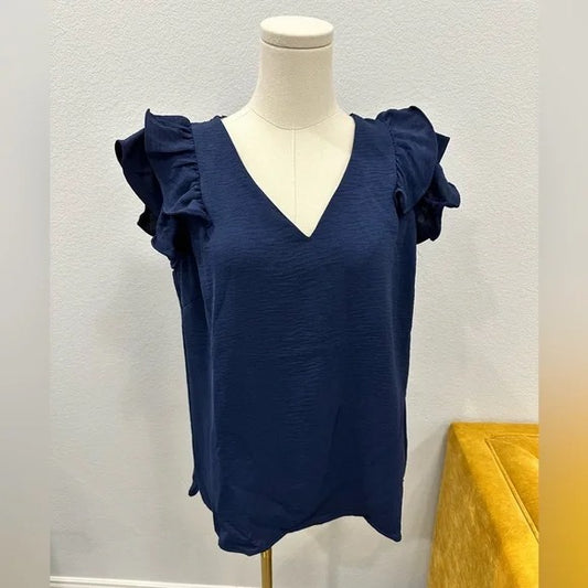 Ruffle Sleeve Textured Blouse Blue