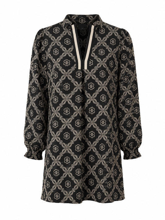 Wren Geometric Print Long Sleeve Mini Dress Black
