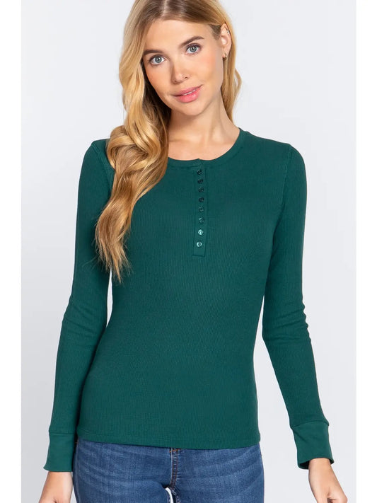 Waffle Knit Henley Long-sleeved Top Green
