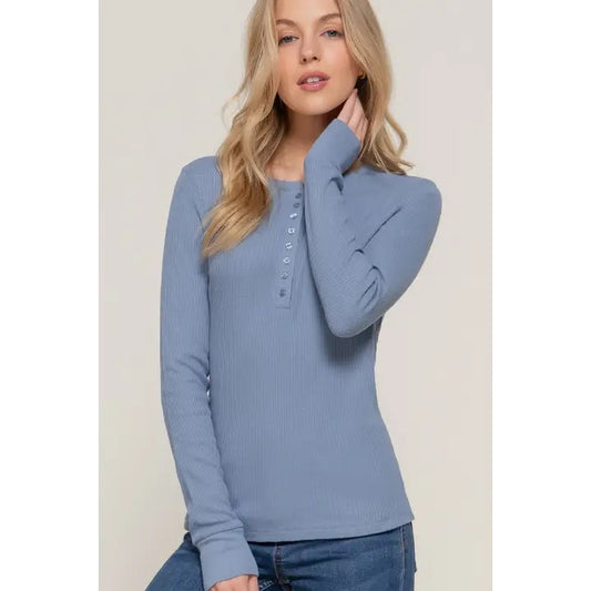 Waffle Knit Henley Long-sleeved Top Dusty Blue