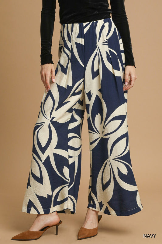 Eliana Abstract Floral Wide Leg Pants Navy