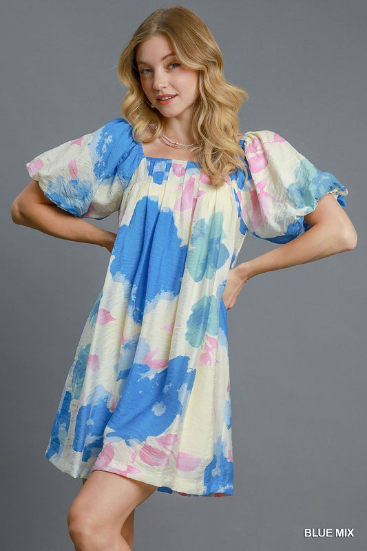 Floral Watercolor Print Dress Blue Floral