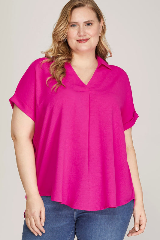 Camryn Drop Shoulder Collar Top Hot Pink