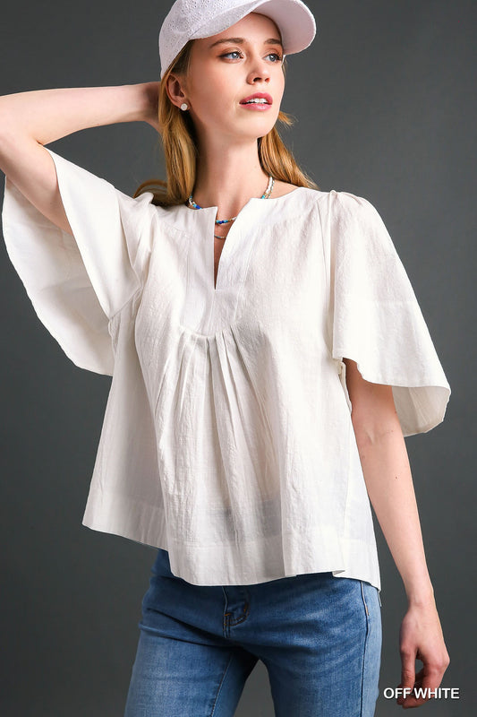 Addison Pleated Top with Wide Flutter Sleeve