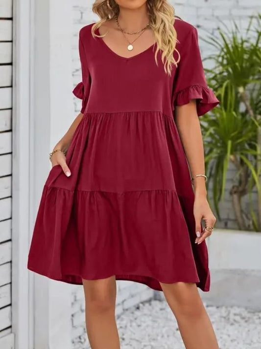 Summer Casual V-Neck Babydoll Three-Layer Pleated Dress Wine Red