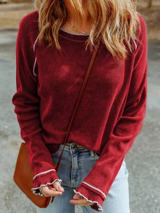 Textured Round Neck Long Sleeve Top Fiery Red