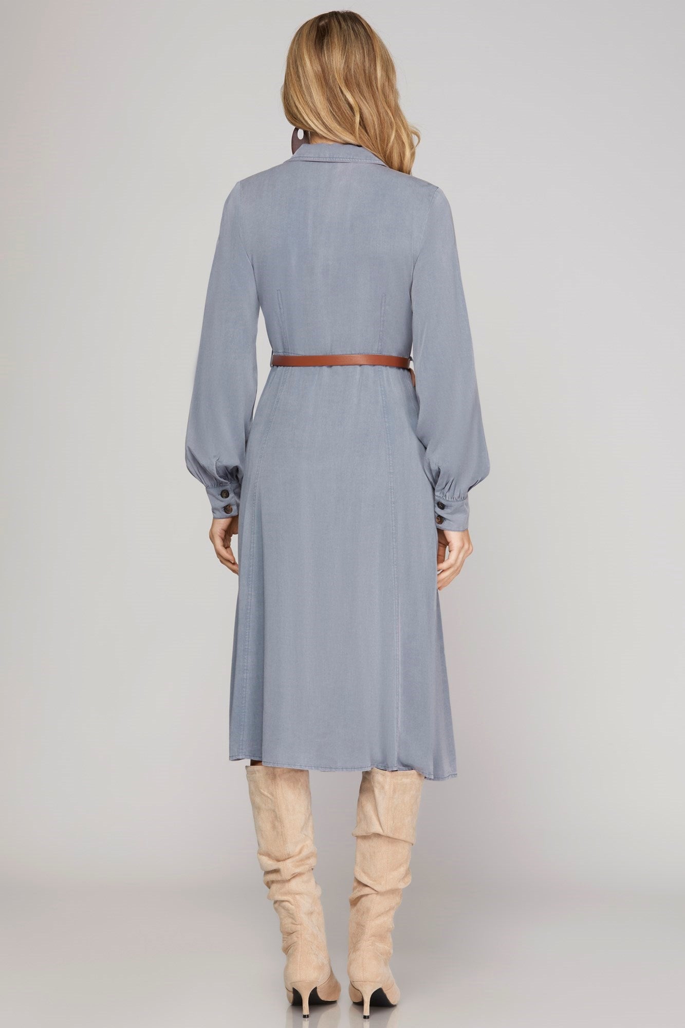 Grace Long Sleeve Button Down Dress Dusty Blue