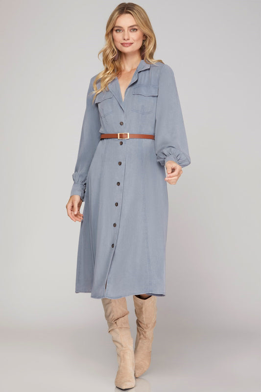 Grace Long Sleeve Button Down Dress Dusty Blue