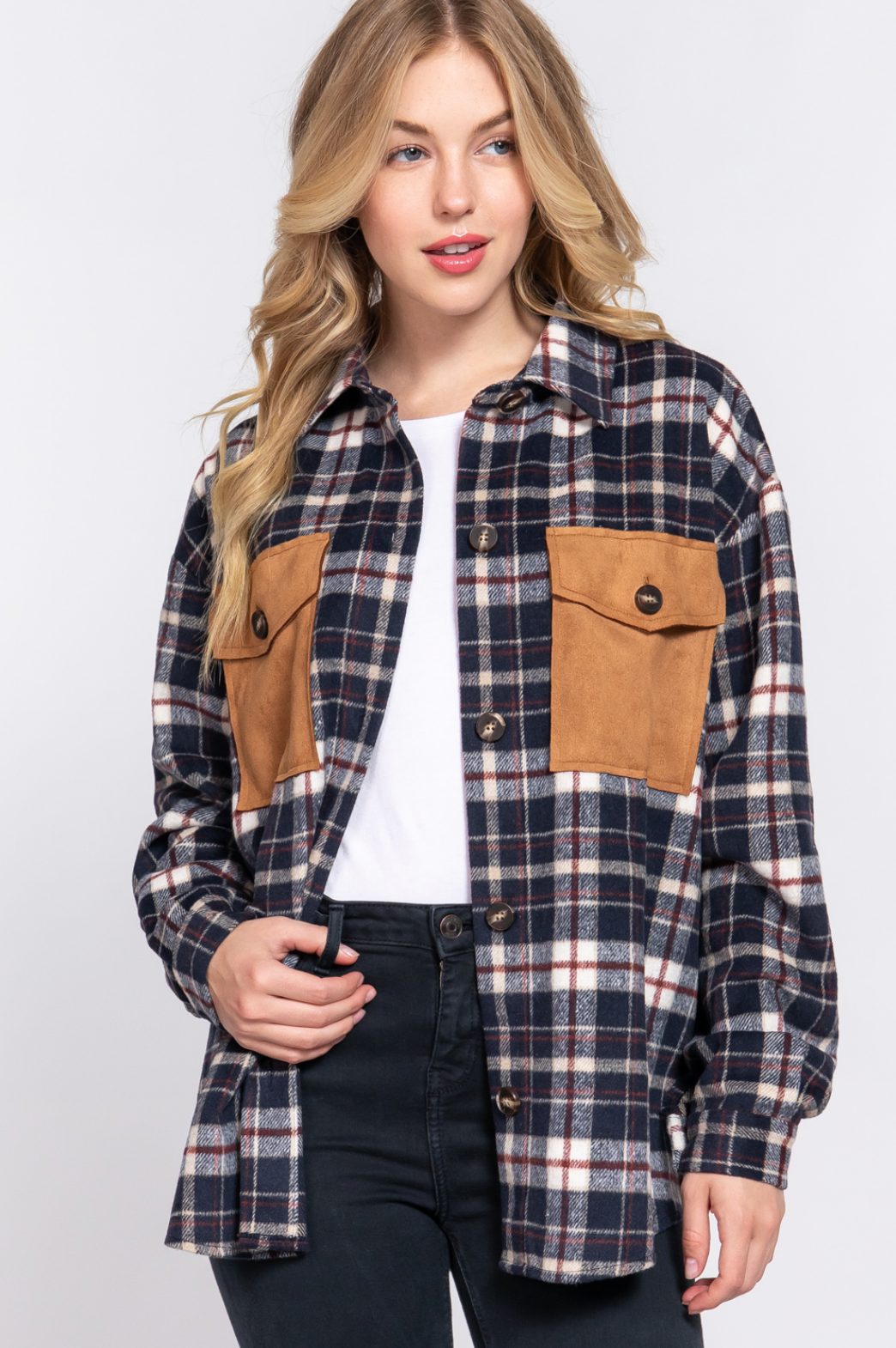 Brooklyn Suede Pocket Brushed Plaid Shirt Navy/Burgundy