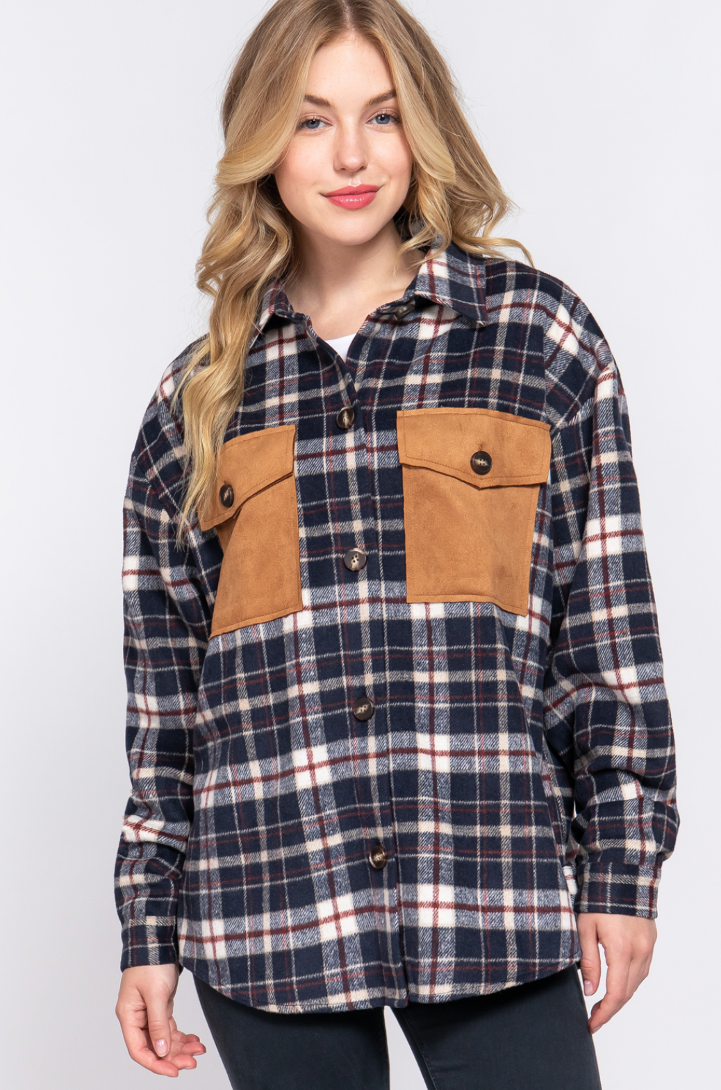 Brooklyn Suede Pocket Brushed Plaid Shirt Navy/Burgundy