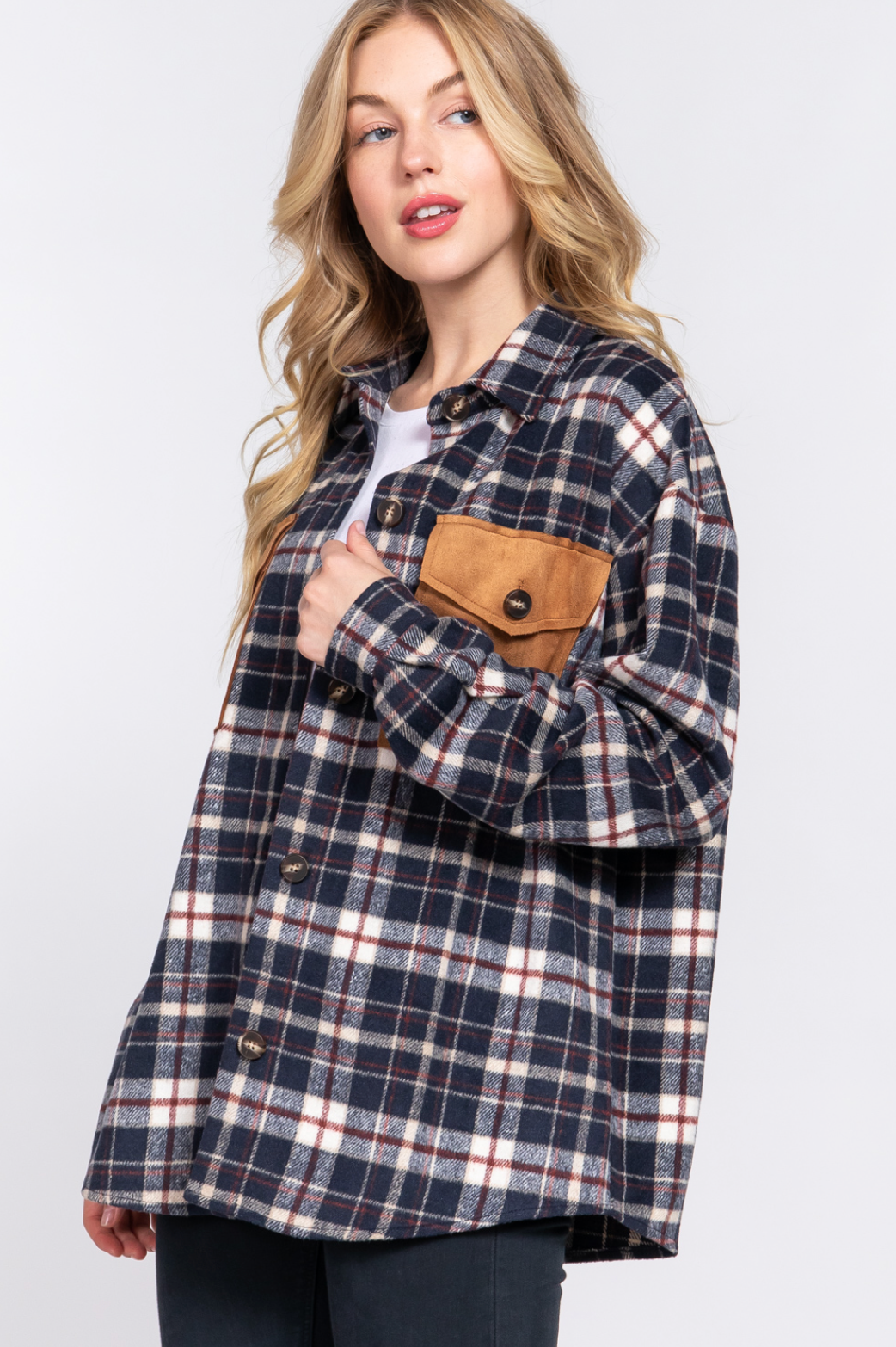 Brooklyn Suede Pocket Brushed Plaid Shirt Navy/Burgundy