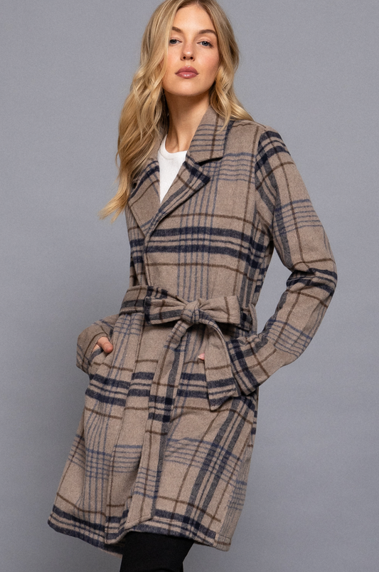 Ivy Long Sleeve Belted Plaid Woven Jacket Taupe/Navy