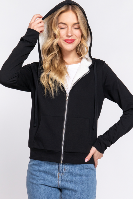 Emery Faux Fur Hoodie French Terry Jacket Black