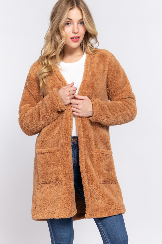 Naomi Long Sleeve Open Front Sherpa Jacket Khaki