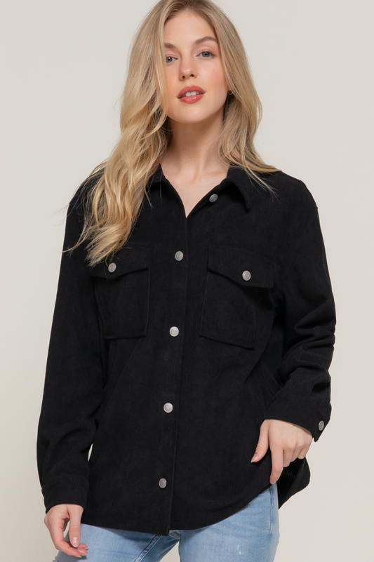Brandi Long Sleeve Button Down Black Corduroy Jacket