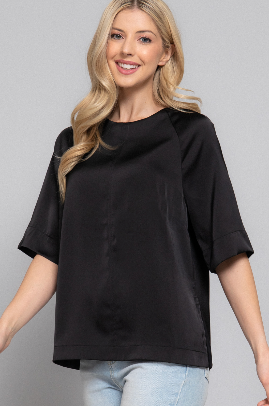 Francis Raglan Elbow Sleeve Side Slit Satin Blouse