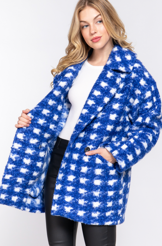 Sadie Check Print Boucle Fleece Coat Royal