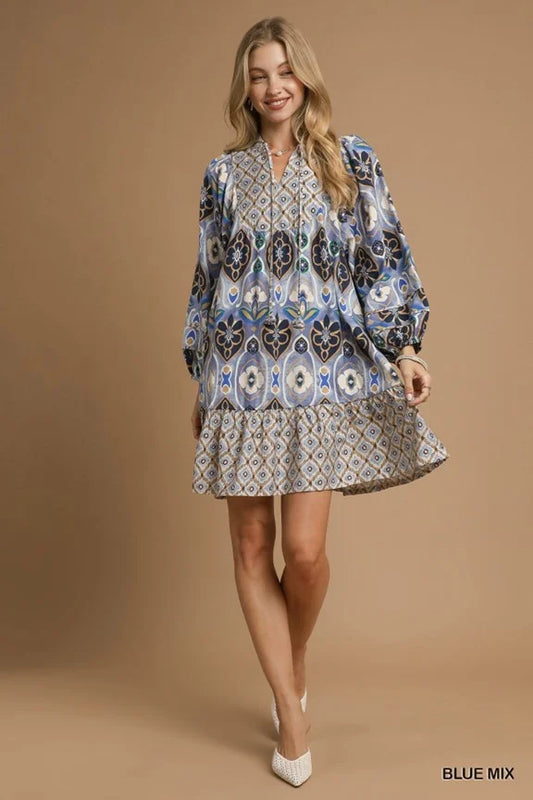 Alina Abstract Long Sleeve Mini Dress Blue Mix