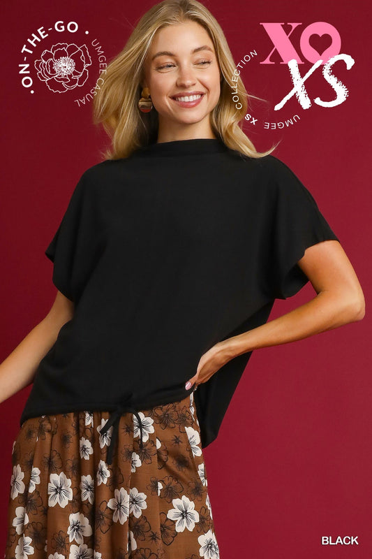 Aurora Short Sleeve Drawstring Waist Blouse Black