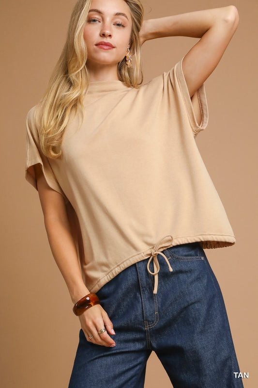 Aurora Short Sleeve Drawstring Waist Blouse Tan