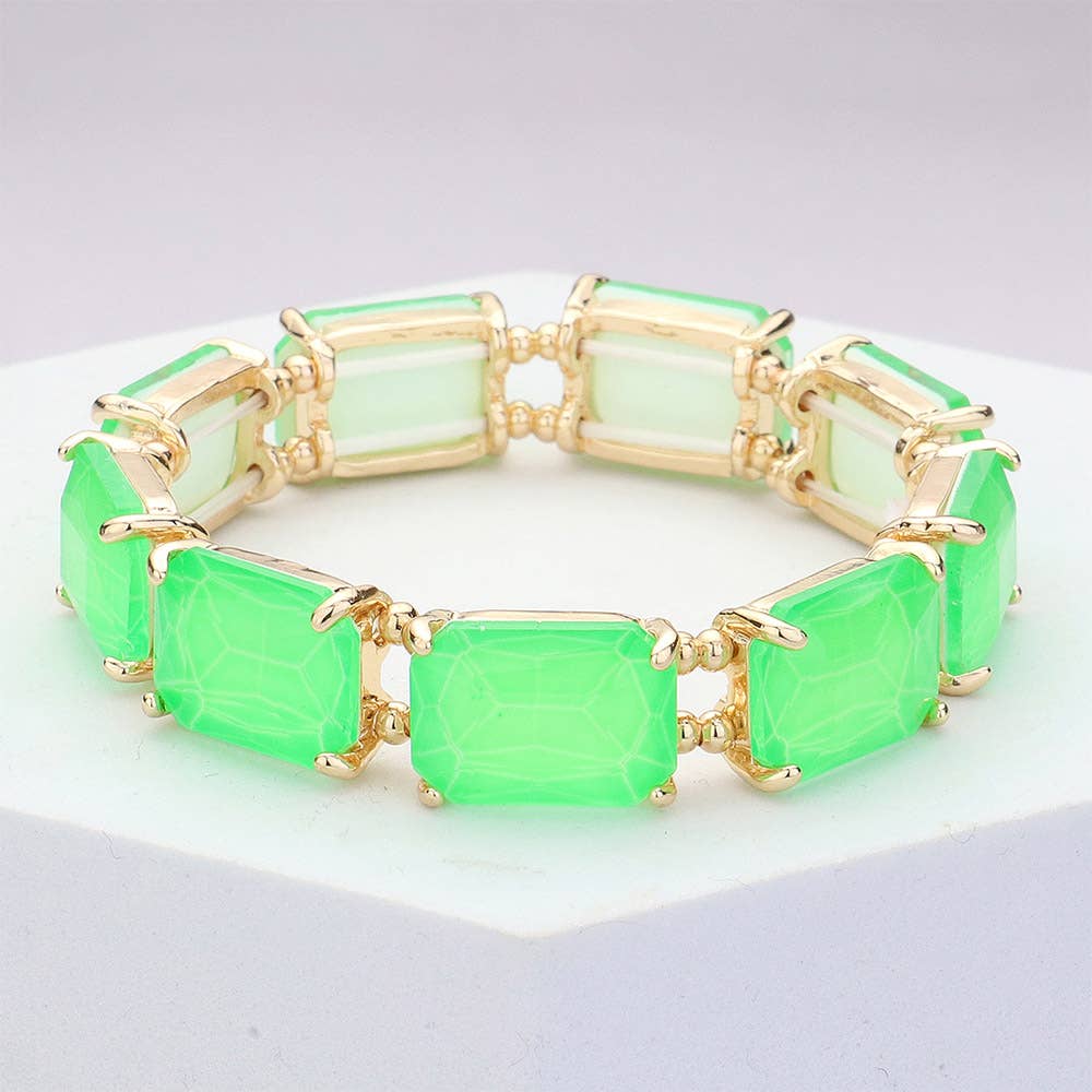 Emerald Cut Stone Stretch Evening Bracelet: Clear Gold Shiny