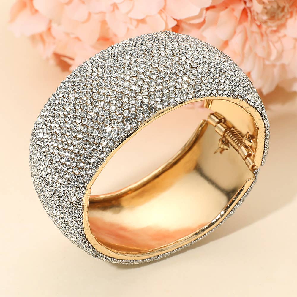 Wide Rhinestone Pearl Paved Hinged Evening Bangle Bracelet: Leopard