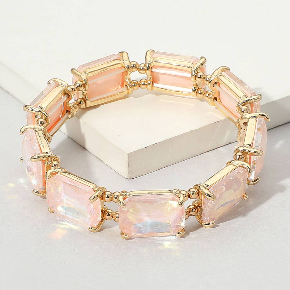 Emerald Cut Stone Stretch Evening Bracelet: Clear Gold Shiny
