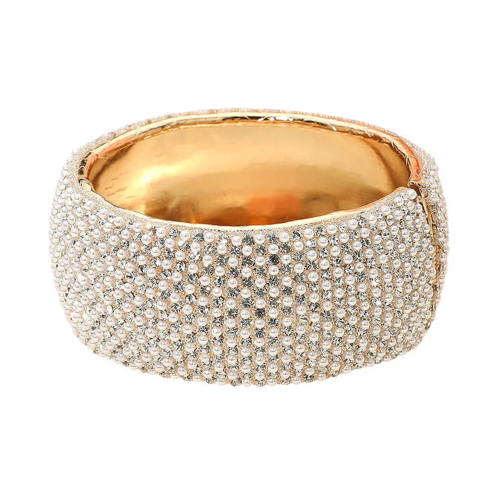 Wide Rhinestone Pearl Paved Hinged Evening Bangle Bracelet: Cream,Gold